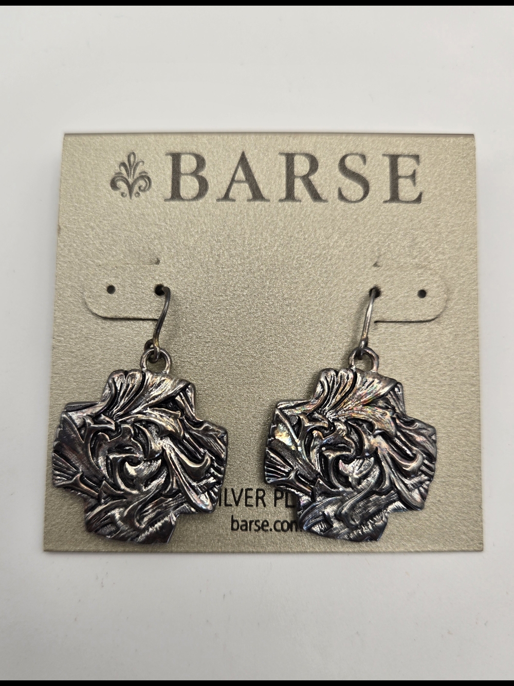 NOS Studio Barse Antique Silver Floral Sculpted Cross Drop Earrings Chunky READ